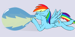 Size: 2603x1282 | Tagged: safe, artist:mizhisha, derpibooru import, rainbow dash, pegasus, pony, balloon, balloon fetish, blowing, blowing up balloons, eyebrows, eyes closed, female, fetish, flying, gray background, loonerdash, mare, puffy cheeks, rainblow dash, shadow, simple background, solo, spread wings, that pony sure does love balloons, wings