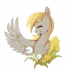 Size: 2430x2640 | Tagged: safe, artist:anotherdeadrat, derpibooru import, derpy hooves, pegasus, pony, derp, eyes closed, female, flower, mare, profile, simple background, smiling, solo, white background, wings
