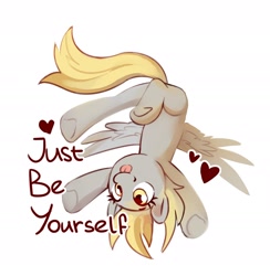 Size: 1884x1932 | Tagged: safe, artist:anotherdeadrat, derpibooru import, derpy hooves, pegasus, pony, cute, derp, derpabetes, female, heart, mare, positive ponies, simple background, smiling, solo, spread wings, text, tongue, tongue out, underhoof, upside down, white background, wholesome, wings