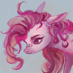 Size: 1000x1000 | Tagged: safe, artist:weird--fish, derpibooru import, pinkie pie, earth pony, pony, bandaid, bandaid on nose, bust, portrait, solo