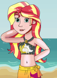 Size: 749x1024 | Tagged: safe, artist:ocean lover, derpibooru import, sunset shimmer, human, arm behind head, bare shoulders, beach, beautiful, beautisexy, belly button, bikini, bikini babe, bikini top, black swimsuit, clothes, cute, cutie mark on clothes, cutie mark swimsuit, diamond, disney style, female, human coloration, humanized, jeweled swimsuit, lips, looking at you, midriff, ocean, outdoors, outfit, pose, pretty, red hair, sand, sarong, shimmerbetes, shiny, shiny skin, sky, sleeveless, smiling, smiling at you, solo, stupid sexy sunset shimmer, sultry pose, summer sunset, swimsuit, teal eyes, towel, towel around waist, water, wave
