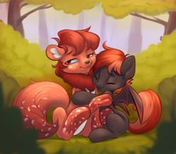 Size: 2000x1740 | Tagged: safe, artist:kittytitikitty, derpibooru import, oc, oc only, oc:akura, oc:kada, bat pony, pony, wolf, wolf pony, bat wings, blossomwolf, branches, chest fluff, cuntboy, cuntboy oc, cute, duo, ear fluff, ears, fluffy tail, forest, freckles, hooves, hug, intersex, looking away, male, male oc, parent:oc:akura, paws, petals, tail, tree, tree branch, two toned mane, two toned tail, uncomfortable, white belly, wings