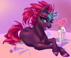Size: 2048x1655 | Tagged: safe, artist:candasaurus, derpibooru import, fizzlepop berrytwist, tempest shadow, pony, unicorn, broken horn, candy, drinking straw, eye scar, female, food, glowing, glowing horn, hooves, horn, levitation, licking, lollipop, looking at you, lying down, magic, mare, milkshake, open mouth, ponytail, prone, scar, silly straw, solo, telekinesis, tongue, tongue out