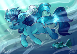 Size: 1920x1358 | Tagged: safe, artist:julunis14, derpibooru import, oc, oc only, oc:deepsea dive, fish, pony, unicorn, blue eyes, blue mane, bubble, chest fluff, crepuscular rays, digital art, flowing mane, flowing tail, horn, ocean, seaweed, signature, smiling, solo, sunlight, swimming, tail, underwater, water
