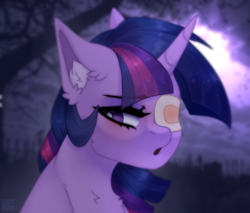 Size: 2540x2160 | Tagged: safe, artist:elektra-gertly, derpibooru import, twilight sparkle, unicorn twilight, pony, unicorn, :o, bandage, chest fluff, ear fluff, ears, eyepatch, open mouth, solo, tree