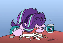 Size: 1024x691 | Tagged: safe, artist:bobthedalek, derpibooru import, starlight glimmer, pony, unicorn, atg 2022, bathrobe, bed mane, bowl, cereal, cheerios, clothes, faceplant, female, food, horn, kite, mare, milk, morning ponies, mug, newbie artist training grounds, pajamas, robe, solo, that pony sure does love kites, tired
