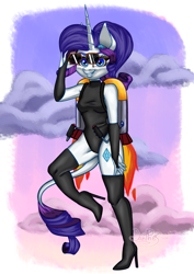 Size: 2826x4000 | Tagged: safe, artist:danthez, derpibooru import, rarity, anthro, unicorn, breasts, clothes, cloud, female, flying, grin, high heels, horn, jetpack, leonine tail, leotard, requested art, shoes, sky, sky background, smiling, sunglasses, sunrise, tail