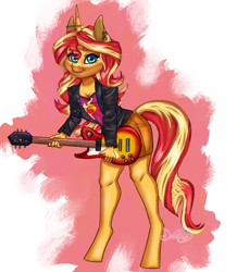 Size: 3482x4000 | Tagged: safe, artist:danthez, derpibooru import, sunset shimmer, anthro, unguligrade anthro, unicorn, equestria girls, breasts, electric guitar, guitar, high res, horn, looking at you, musical instrument, simple background, smiling, smiling at you