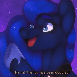 Size: 1278x1278 | Tagged: safe, artist:saltytangerine, derpibooru import, princess luna, alicorn, pony, luna eclipsed, fake screencap, female, filly, foal, happy, raised hoof, raised leg, redraw, royalty, scene interpretation, smiling, solo, text, the fun has been doubled, woona, younger