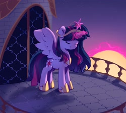 Size: 3902x3507 | Tagged: safe, artist:cherrnichka, derpibooru import, twilight sparkle, twilight sparkle (alicorn), alicorn, pony, balcony, big crown thingy, element of magic, eyes closed, female, glowing, glowing horn, hoof shoes, horn, jewelry, mare, morning, peytral, princess shoes, raising the sun, regalia, smiling, solo, sun, twilight (astronomy)