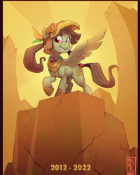 Size: 1440x1800 | Tagged: safe, artist:thenecrobalam, derpibooru import, oc, oc:tailcoatl, pegasus, pony, anniversary, aztec, helmet, mexico, nation ponies, ponified, redraw, smiling, solo, wings