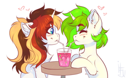 Size: 2048x1252 | Tagged: safe, artist:falafeljake, derpibooru import, oc, oc only, oc:scarlet serenade, oc:vinyl mix, pony, unicorn, blushing, chest fluff, couple, drink, drinking, ear fluff, ears, eyes closed, happy, heart, ponytail, scarletmix, sharing a drink, simple background, table, white background