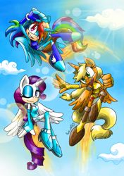 Size: 1280x1822 | Tagged: safe, artist:barbie--art, derpibooru import, applejack, rainbow dash, rarity, alicorn, anthro, alicornified, applecorn, clothes, cloud, flying, jetpack, leotard, looking at you, mobian, one eye closed, race swap, rainbowcorn, raricorn, sky, sky background, sonic the hedgehog (series), sonicified, wink, winking at you