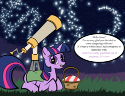 Size: 3542x2729 | Tagged: safe, artist:vareb, derpibooru import, twilight sparkle, alicorn, pony, unicorn, cute, date, looking at you, outdoors, picnic, picnic blanket, purple eyes, smiling, solo, stargazing, stars, talking to viewer, telescope, waifu