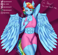 Size: 4185x3916 | Tagged: safe, artist:jrainnart, derpibooru import, rainbow dash, anthro, pegasus, bed, female, looking at you, smiling, smiling at you, solo, solo female, spread wings, wings