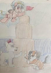 Size: 1170x1673 | Tagged: safe, artist:powerpup97, derpibooru import, cozy glow, dog, crossover, disney, fifi (disney), paw patrol, sandcastle, sweetie (paw patrol), traditional art