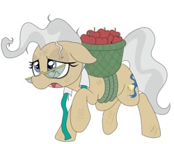 Size: 1200x1000 | Tagged: safe, artist:datte-before-dawn, mayor mare, earth pony, pony, apple, basket, broken glasses, bushel basket, female, food, glasses, mare, open mouth, scratches, simple background, solo, sweat, white background