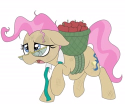 Size: 2400x2000 | Tagged: safe, alternate version, artist:datte-before-dawn, mayor mare, earth pony, pony, apple, basket, broken glasses, bushel basket, female, food, glasses, mare, non-dyed mayor, open mouth, pink mane, scratches, simple background, solo, sweat, white background