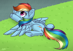 Size: 2790x1964 | Tagged: safe, artist:brokenwings, derpibooru import, screencap, rainbow dash, pegasus, pony, wonderbolts academy, female, funny, grass, lying down, mare, redraw, road, scene interpretation, solo, spread wings, wings