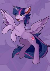 Size: 2480x3508 | Tagged: safe, artist:zpdea, derpibooru import, twilight sparkle, twilight sparkle (alicorn), alicorn, pony, eye clipping through hair, female, mare, open mouth, open smile, smiling, solo, spread wings, wings, zoom layer