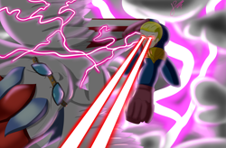 Size: 2560x1680 | Tagged: safe, artist:jimmy draws, derpibooru import, oc, oc:thunder andreos, human, pegasus, cape, clothes, cloud, crossover, eye beams, fight, glases, homelander, laser, new god of thunder, punch, the boys, thunder