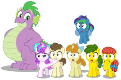 Size: 1920x1270 | Tagged: safe, artist:aleximusprime, derpibooru import, pound cake, princess flurry heart, pumpkin cake, spike, oc, oc:annie smith, oc:apple chip, oc:storm streak, alicorn, dragon, earth pony, pegasus, pony, unicorn, flurry heart's story, bow, braided pigtails, fanfic art, fangs, fat, fat spike, female, filly, filly flurry heart, flying, foal, freckles, hair bow, hand on hip, jaw drop, kids, mouth hold, offspring, older, older flurry heart, older pound cake, older pumpkin cake, older spike, open mouth, parent:applejack, parent:oc:thunderhead, parent:rainbow dash, parent:tex, parents:canon x oc, parents:texjack, reaction image, shocked, shocked expression, shocked eyes, simple background, smug, tail, tail bow, tirek vs scorpan, transparent background, wide eyes