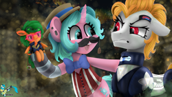 Size: 3840x2160 | Tagged: safe, artist:brainiac, derpibooru import, oc, oc:atom smasher, oc:candy chip, oc:jump cannon, earth pony, pony, unicorn, the sunjackers, digital painting, female, mare, plushie