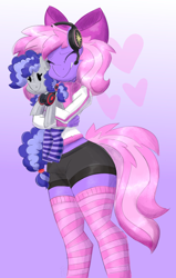 Size: 3500x5500 | Tagged: safe, artist:flutterthrash, derpibooru import, oc, oc:cinnabyte, oc:lillybit, anthro, adorkable, bow, clothes, comfort, cute, dork, gaming headphones, gaming headset, headphones, headset, microphone, smiling, socks, striped socks