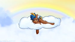 Size: 3840x2160 | Tagged: safe, artist:hiddelgreyk, derpibooru import, oc, oc only, pegasus, pony, blue mane, brown coat, cloud, looking at you, lying down, lying on a cloud, on a cloud, pegasus oc, rainbow, spread wings, wings
