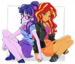 Size: 1805x1543 | Tagged: safe, artist:5mmumm5, derpibooru import, sci-twi, sunset shimmer, twilight sparkle, equestria girls, clothes, duo, duo female, female, glasses, holding hands, jacket, leather, leather jacket, lesbian, looking at each other, looking at someone, ponytail, scitwishimmer, shipping, shoes, simple background, smiling, smiling at each other, sunsetsparkle, tanktop, white background