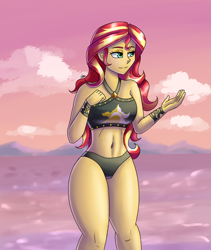 Size: 1600x1900 | Tagged: safe, artist:zachc, derpibooru import, sunset shimmer, equestria girls, bare shoulders, belly button, bikini, clothes, eyebrows, female, sleeveless, smiling, solo, sunset shimmer's beach shorts swimsuit, swimsuit