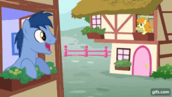 Size: 640x360 | Tagged: safe, derpibooru import, screencap, blues, carrot top, golden harvest, noteworthy, pinkie pie, earth pony, pony, season 3, too many pinkie pies, animated, female, gif, gifs.com, jumping, male, mare, multeity, open mouth, open smile, pinkie being pinkie, smiling, stallion, too much pink energy is dangerous