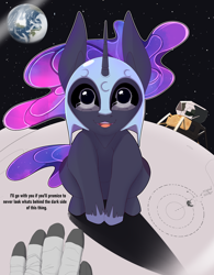 Size: 2500x3200 | Tagged: safe, artist:chapaevv, derpibooru import, nightmare moon, human, pony, astronaut, cute, dialogue, earth, ethereal mane, eye reflection, female, galaxy mane, helmet, human pov, looking at you, luna and the nauts, lunar lander, misspelling, moon, moonabetes, offscreen character, open mouth, open smile, patreon, patreon reward, pov, reflection, smiling, smiling at you, solo, space, spaceship, spacesuit, text