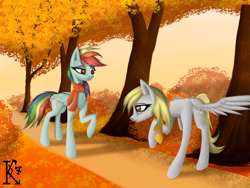 Size: 4000x3000 | Tagged: safe, artist:kirov, derpibooru import, derpy hooves, rainbow dash, pegasus, pony, autumn, blue coat, clothes, detailed background, duo, golden eyes, multicolored hair, rainbow hair, red eyes, scarf, spread wings, tree, wings, yellow hair