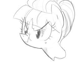 Size: 956x782 | Tagged: dead source, safe, artist:tess, derpibooru import, aunt orange, earth pony, pony, eye clipping through hair, female, frown, glare, grumpy, monochrome, nose wrinkle, scrunchy face, simple background, solo, white background