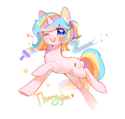 Size: 987x945 | Tagged: safe, artist:dreamsugar, derpibooru import, oc, oc only, oc:oofy colorful, pony, unicorn, female, heart, horn, looking at you, mare, one eye closed, open mouth, open smile, simple background, smiling, smiling at you, solo, stars, thank you, white background, wink, winking at you
