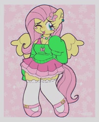 Size: 1249x1547 | Tagged: safe, artist:cosmiccrayons, artist:cosmiiccrayons, derpibooru import, fluttershy, anthro, pegasus, ;p, blush sticker, blushing, clothes, cute, daaaaaaaaaaaw, ear piercing, earring, jewelry, kidcore, looking at you, necklace, one eye closed, piercing, shyabetes, simple background, skirt, spread wings, sweater, sweatershy, tongue, tongue out, white background, wings, wink, winking at you