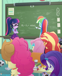 Size: 804x994 | Tagged: safe, artist:steyrrdash, derpibooru import, applejack, fluttershy, pinkie pie, rainbow dash, rarity, sci-twi, sunset shimmer, twilight sparkle, better together, equestria girls, aftermath, amogus, among us, backwards, chalkboard, classroom, geode of telekinesis, humane five, humane seven, humane six, magical geodes, meme, rick astley, rickroll, sci-twi is not amused, unamused