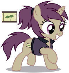 Size: 3223x3383 | Tagged: safe, artist:strategypony, derpibooru import, oc, oc only, oc:lavrushka, pony, unicorn, clothes, cutie mark, female, filly, foal, horn, looking down, raised hoof, raised leg, simple background, smiling, transparent background, unicorn oc, vest