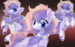 Size: 3200x2000 | Tagged: safe, artist:xvostik, derpibooru import, oc, oc only, oc:azure comet, pegasus, pony, bowtie, chest fluff, colored wings, female, freckles, mare, multicolored wings, spread wings, wings