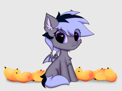 Size: 2092x1573 | Tagged: safe, artist:hotimoonwoods, derpibooru import, oc, oc only, bat pony, chest fluff, ear fluff, ears, food, mango, simple background, sitting, solo