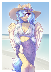 Size: 4960x7016 | Tagged: safe, artist:dandy, derpibooru import, oc, oc only, anthro, pegasus, absurd resolution, anthro oc, beach, bedroom eyes, belly button, bikini, blouse, breasts, choker, cleavage, clothes, eyeshadow, female, flower, hair over one eye, hat, jewelry, looking at you, makeup, mare, midriff, necklace, ocean, pegasus oc, sarong, see-through, smiling, smiling at you, solo, sun hat, swimsuit, water, white outline, wings