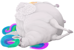 Size: 1400x946 | Tagged: safe, artist:soobel, derpibooru import, princess celestia, alicorn, pony, belly, big belly, cake, cakelestia, chubbylestia, eyes closed, fat, female, food, huge belly, lying down, mare, morbidly obese, obese, on side, realistic horse legs, simple background, sleeping, transparent background