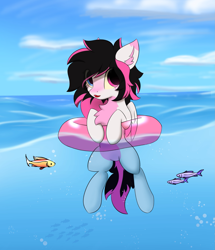 Size: 1719x2000 | Tagged: safe, artist:hotimoonwoods, derpibooru import, oc, oc only, oc:lunylin, fish, pegasus, pony, cloud, ear fluff, ears, gift art, heterochromia, inner tube, ocean, pegasus oc, sky, solo, water