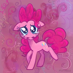 Size: 2048x2048 | Tagged: safe, artist:pfeffaroo, derpibooru import, pinkie pie, earth pony, pony, abstract background, crying, looking at you, sad, solo