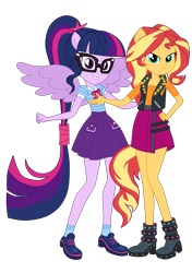 Size: 3250x4620 | Tagged: safe, artist:gmaplay, derpibooru import, sci-twi, sunset shimmer, twilight sparkle, better together, equestria girls, clothes, glasses, high res, ponied up, simple background, skirt, transparent background, wings