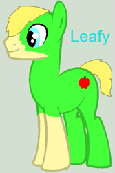 Size: 395x593 | Tagged: safe, derpibooru import, editor:wonderwolf51, oc, oc only, oc:leafy, earth pony, pony, coat markings, earth pony oc, facial markings, full body, gray background, green pony, hooves, male, short tail, simple background, smiling, socks (coat marking), solo, stallion, standing, tail, text