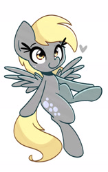 Size: 1492x2376 | Tagged: safe, artist:kindakismet, derpibooru import, derpy hooves, pegasus, pony, female, flying, heart, looking at you, mare, simple background, solo, spread wings, white background, wings