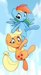 Size: 1746x3187 | Tagged: safe, artist:kindakismet, derpibooru import, applejack, rainbow dash, earth pony, pegasus, pony, clinging, cloud, duo, duo female, female, flying, hatless, looking at someone, looking down, mare, missing accessory, sky, sparkly mane, spread wings, wings