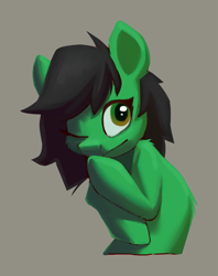 Size: 1071x1351 | Tagged: safe, artist:senaelik, derpibooru import, twibooru import, oc, oc only, oc:anon filly, earth pony, pony, bust, female, filly, foal, gray background, mare, one eye closed, simple background, smiling, solo